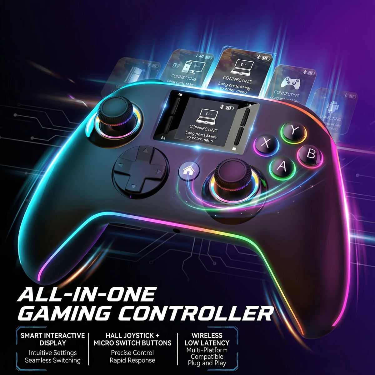 Wireless gaming controller with an interactive screen, compatible with PC, PS4, Switch, Android, and iOS devices. Features 4 programmable buttons, rapid-fire functionality, a 6-axis gyroscope, dual vibration feedback, and RGB