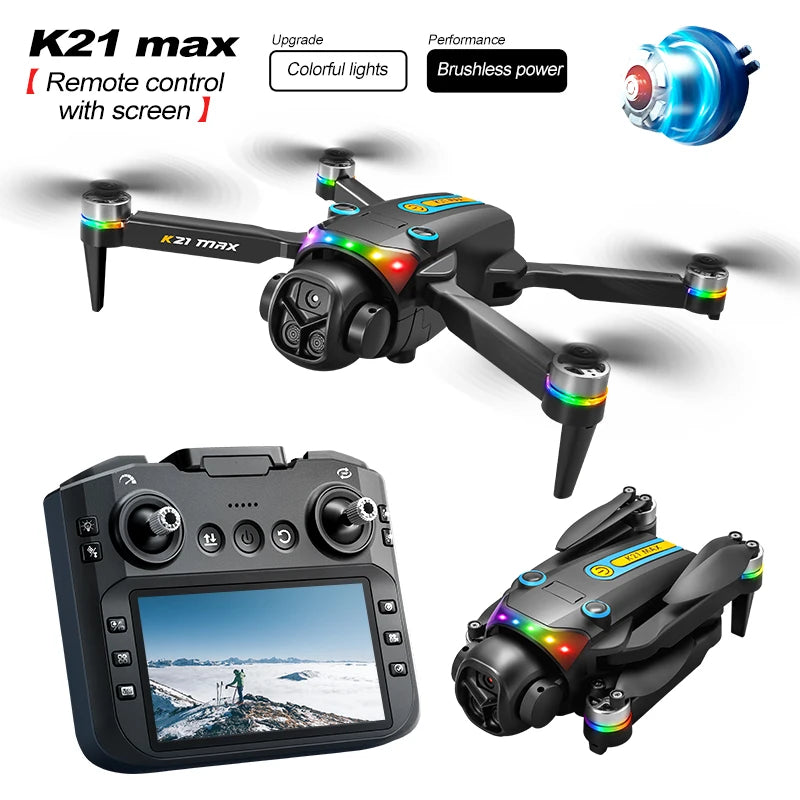 ZNLYRION K21MAX Foldable Brushless Drone With Screen Remote EIS Dual Electric Camera Optical Flow Hover Colorful LED Light RC Quadcopter