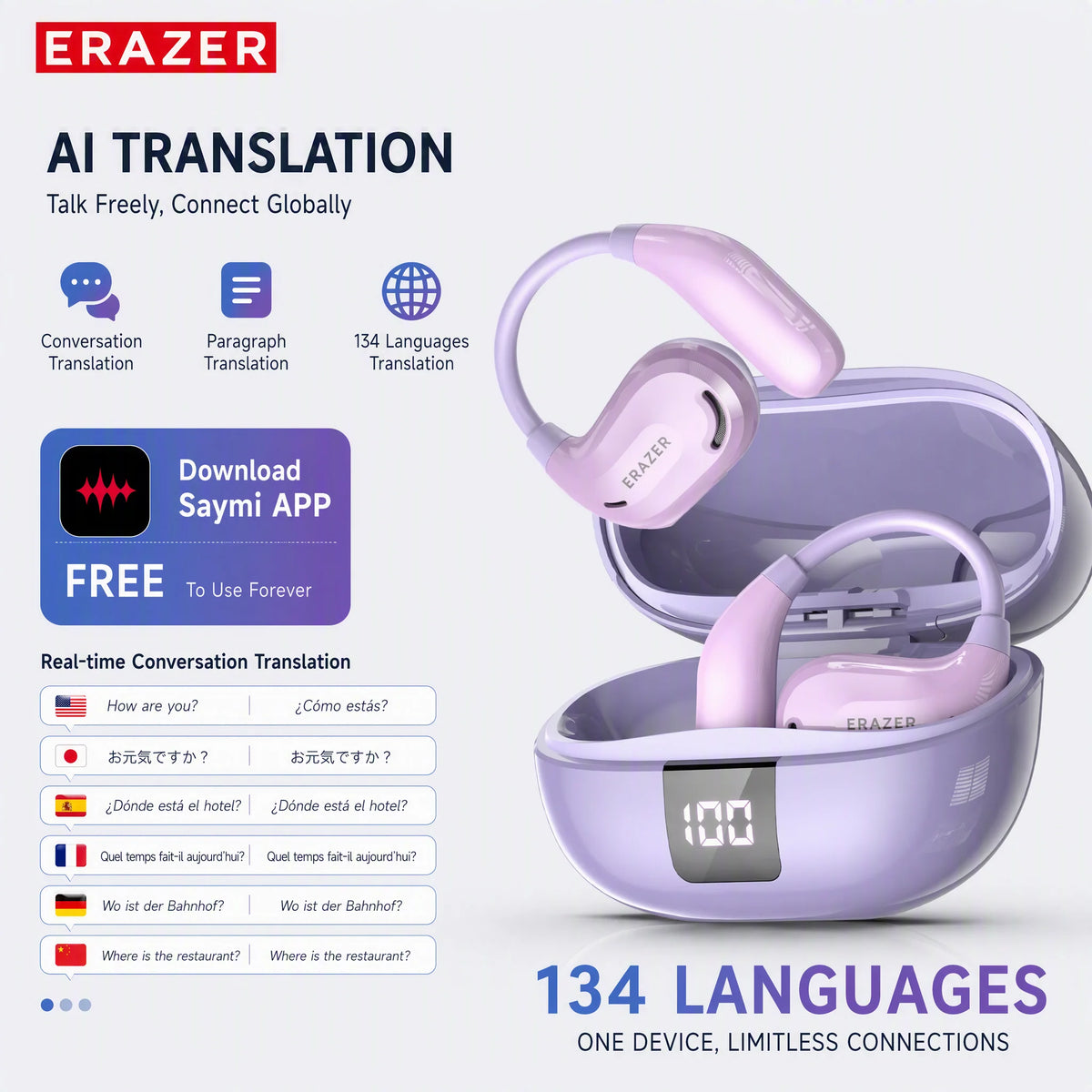Erazer XT66 Intelligent Translator Earphone Wireless Headphones Bluetooth Earbuds Real-time Translate Equalizer APP Built-in Mic