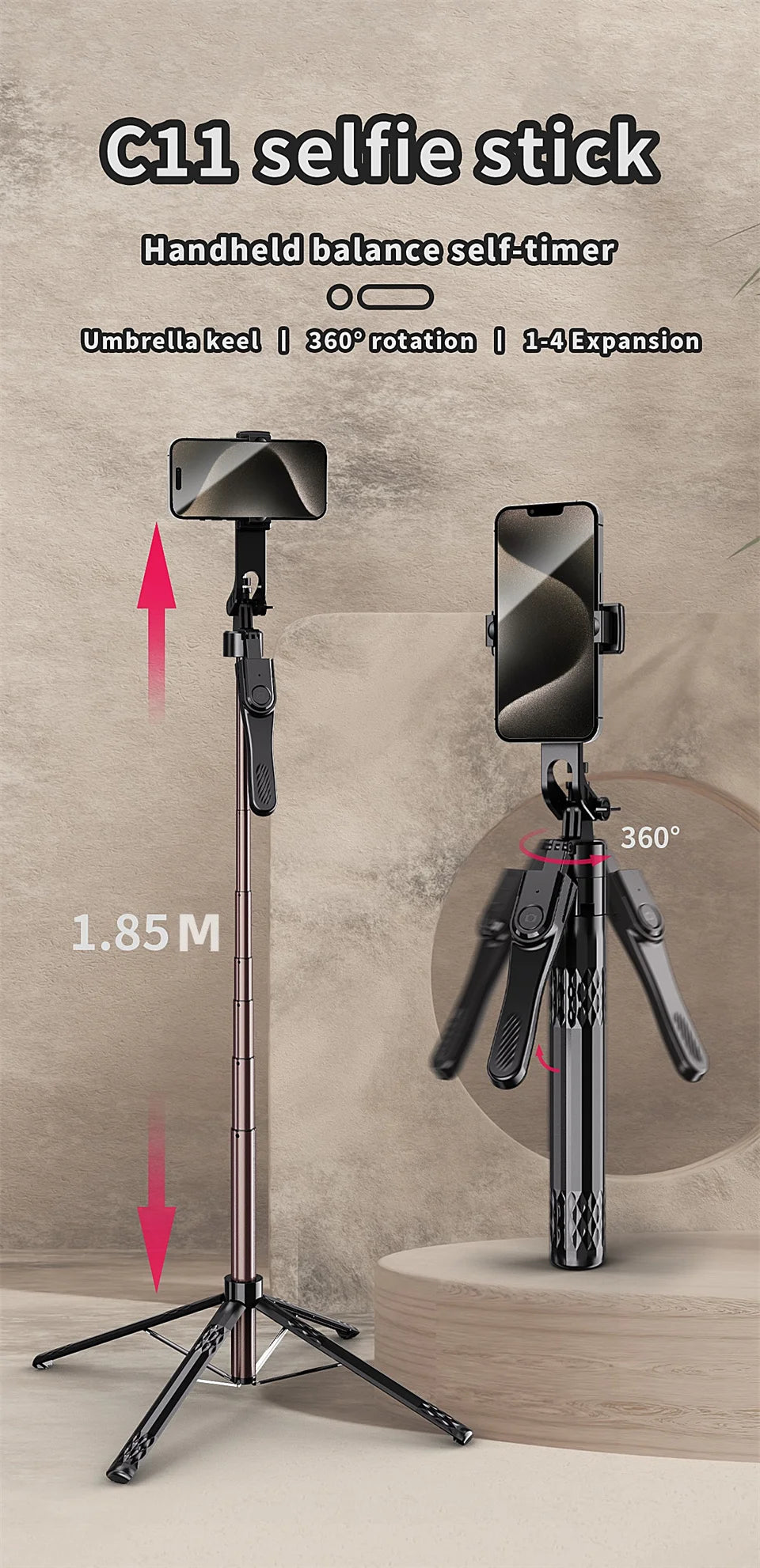 FANGTUOSI Long 185cm 360 Rotation Stabilizer, Selfie Stick Tripod for Smartphone Camera With Bluetooth Shutter for Live Video