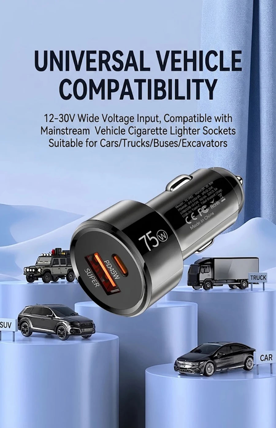 Dual Port 75W Vehicle Charger PD 45W QC 30W Fast Charging Auto Adapter Intelligent Chip Multiple Protections For Cars For iPhone