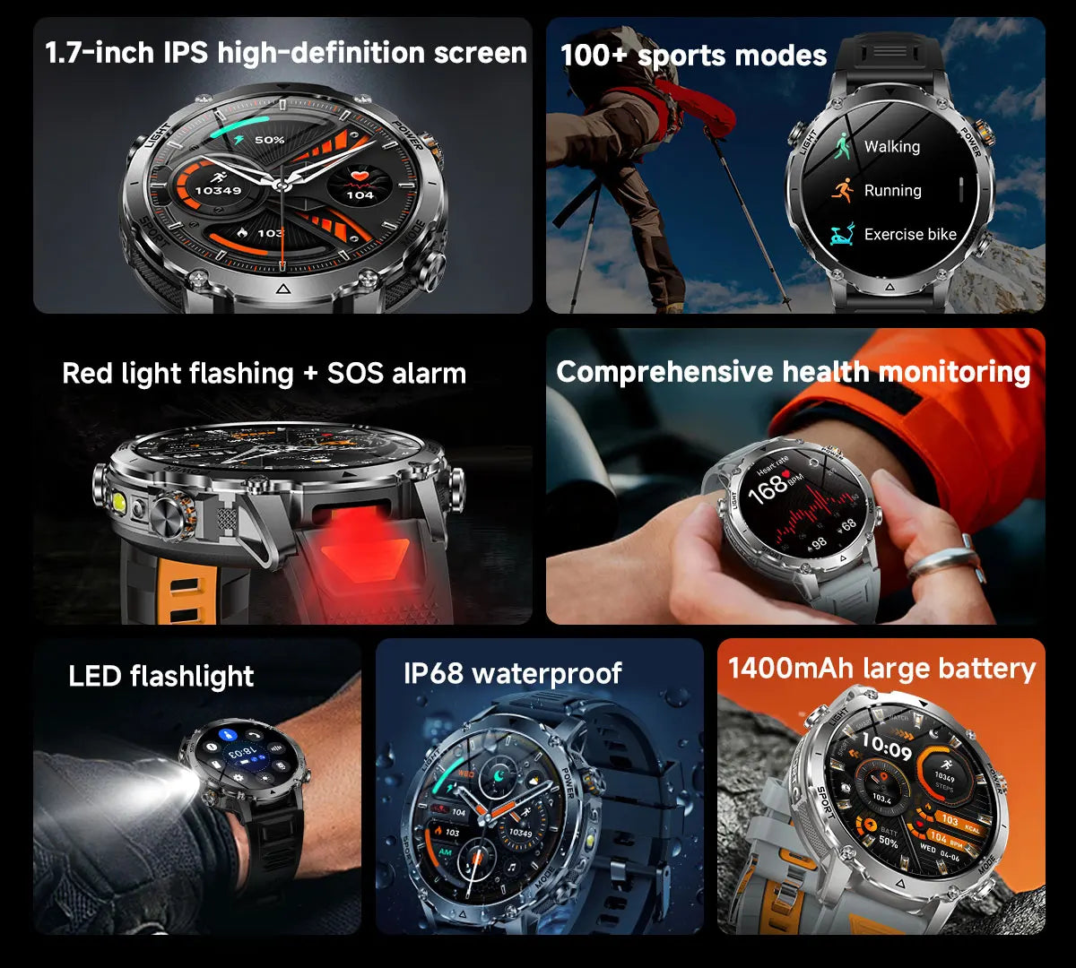 2026 New TANK Ultra 1400mAh Battery Military Smart Watch 10ATM Waterproof Heart Rate Tactical LED Flashlight Men Sports Bracelet