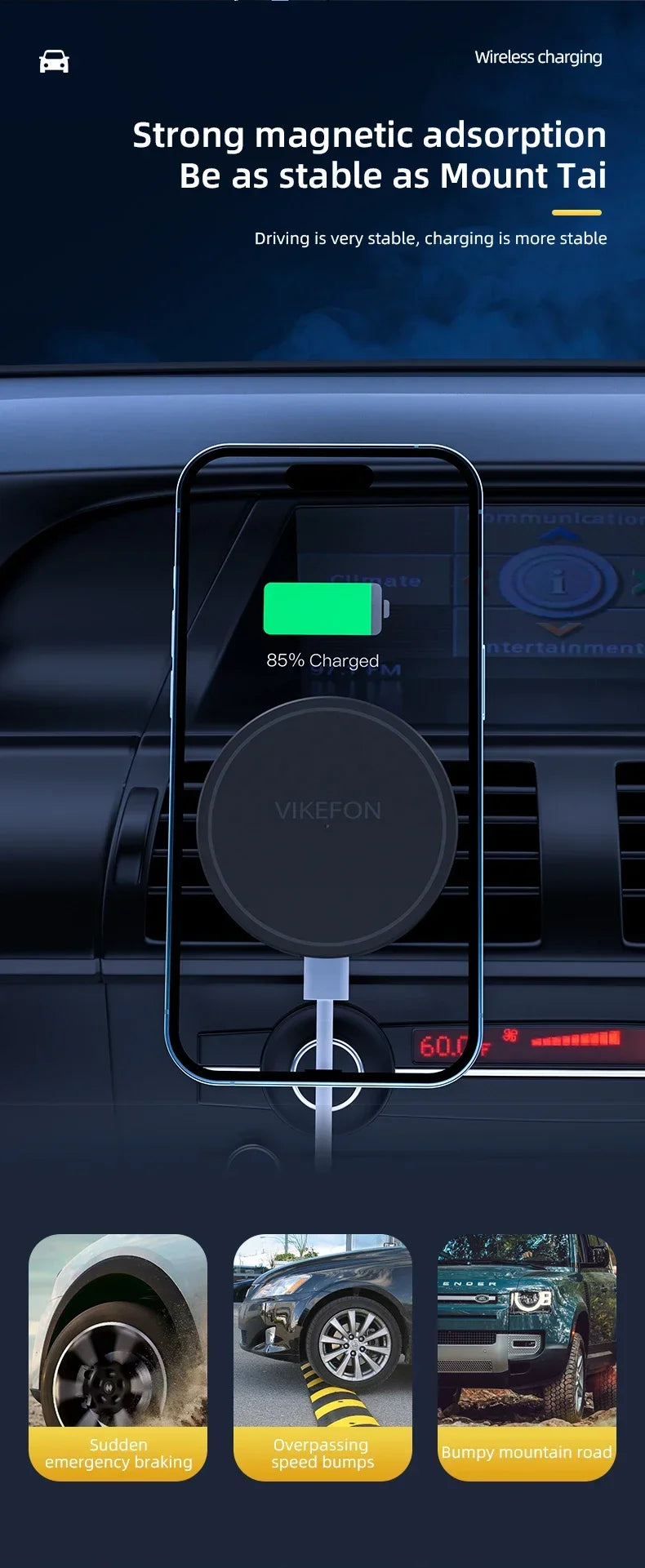 VIKEFON Magnetic Car Wireless Charger + Ring For iPhone 12 13 14 15 Pro Max Air Vent Car Phone Holder Stand Fast Car Charging