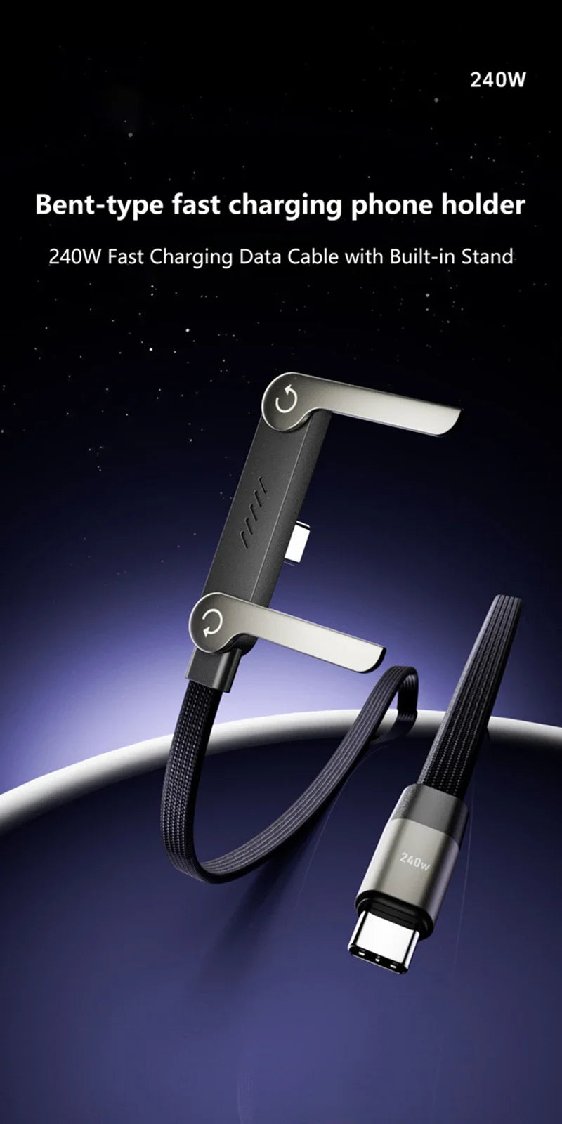 240W PD Fast Charging Type C to Type C Cable USB-C To Type-C Cable With Foldable Stand Phone Holder For HUAWEI iPhone 15 Xiaomi