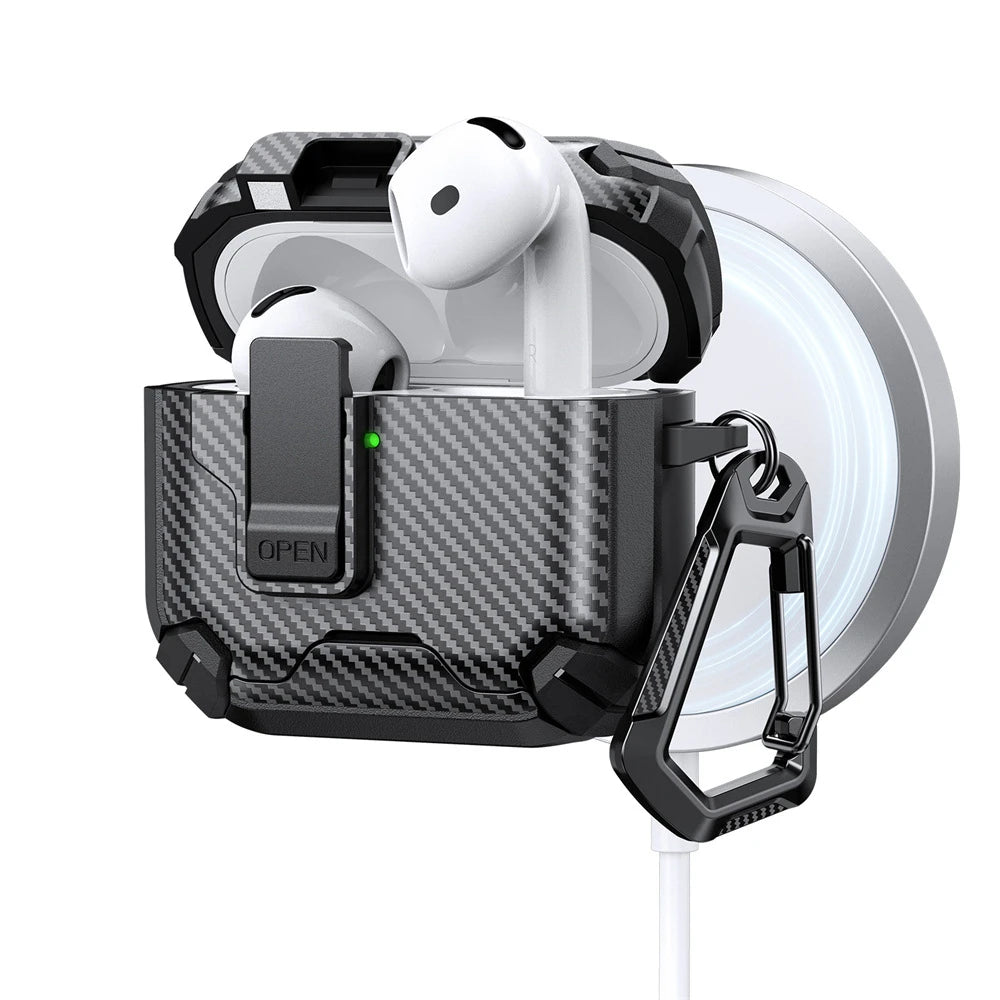 Safety Lock Carbon Fiber Phone Holder Bluetooth Headset Cover For AirPods 4 Pro 3 2 Anti Fall Protective Earphone Case With Hook