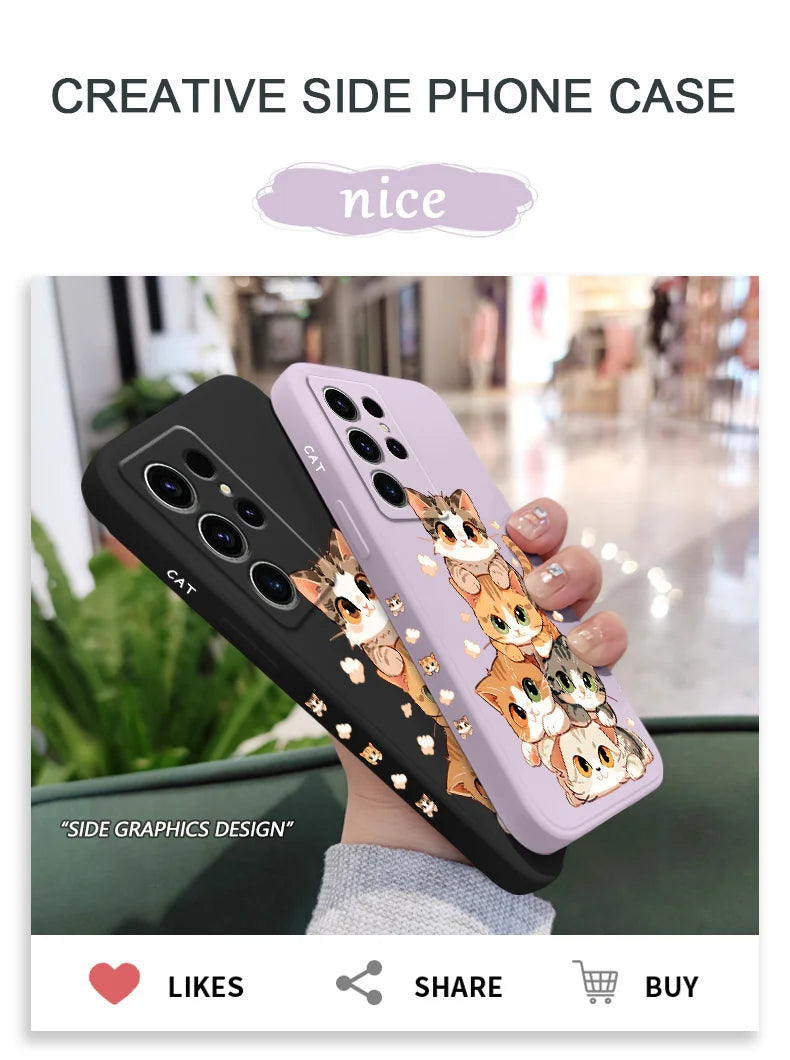Cute Soft Cat Phone Case For Samsung Galaxy S25 S24 S23 S22 S21 S20 S10 S10E Ultra Plus FE Note 20 Ultra Plus Cover