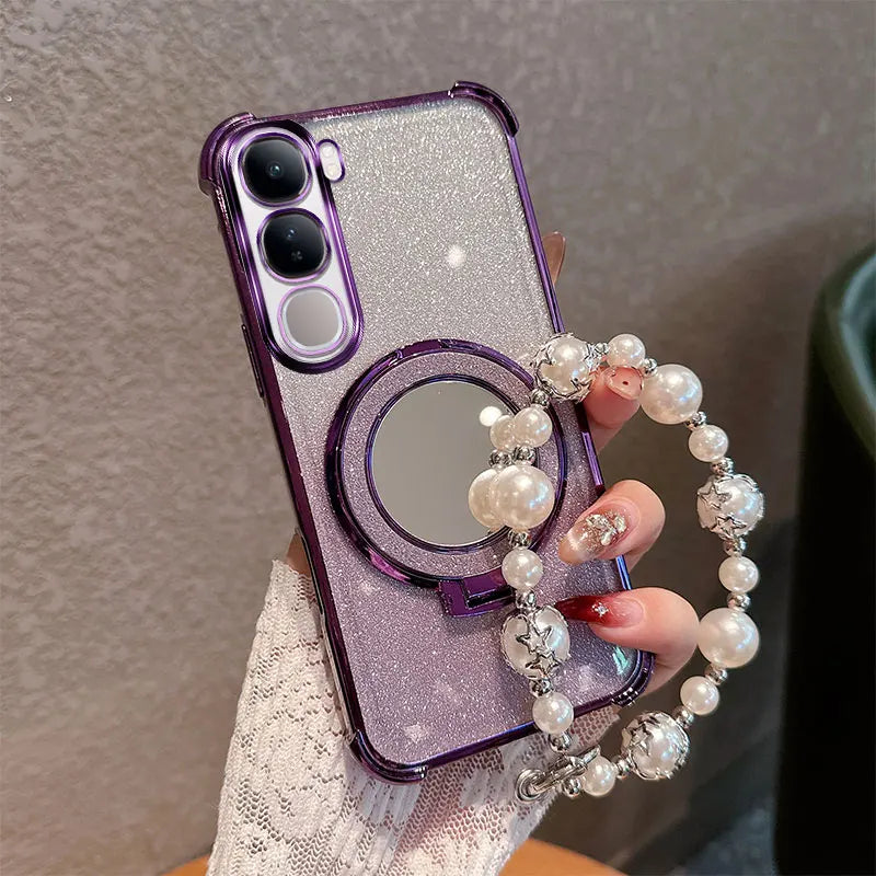 Bling Glitter Lipstick Mirror Stand Phone Case For Vivo Y31 5G Y21D With Pearl Chain Girls Women's Anti-drop Shockproof Cover