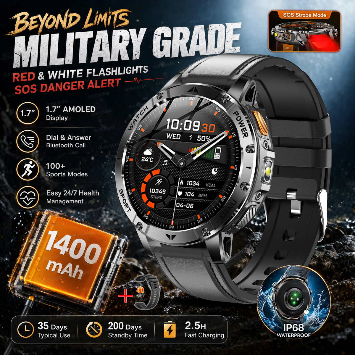 Ultra Large 1400mAh Battery Sport Smartwatch 1.7” Heart Rate Tactical Strong Flashlight 5ATM Waterproof Call Smart Watch For Men