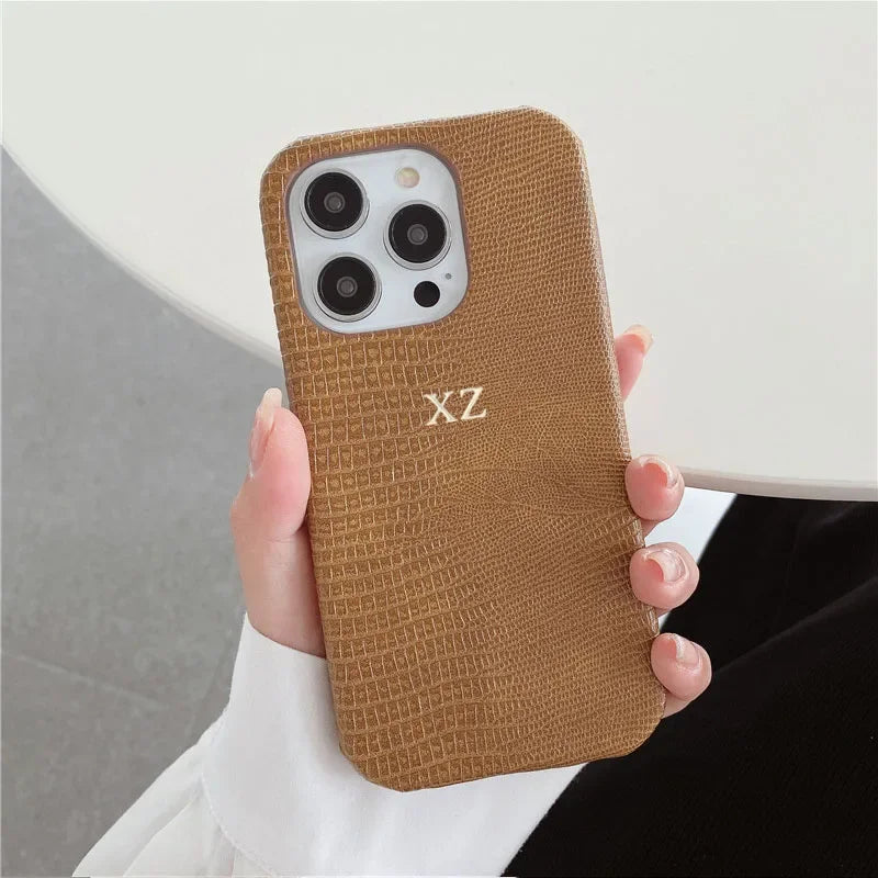 Personalise Gold Silver Initials Letters Leather Case For Iphone 15 12 14 13 16 17Pro Max 14 16 Plus Luxury Lizard PU Hard Cover