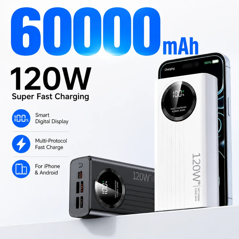 60000mAh Power BankHigh Capacity 120W Fast Charging Powerbank Portable Battery Charger For iPhone Samsung Huawei and Xiaomi New