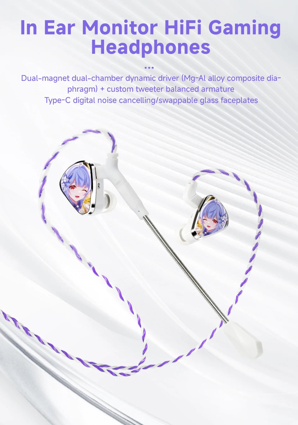 CVJ JEMINE Gaming Earphones 1DD+1BA Hybrid Driver Wired Earbuds Detachable Faceplate HiFi In-Ear Monitor Gaming Music Dual Style