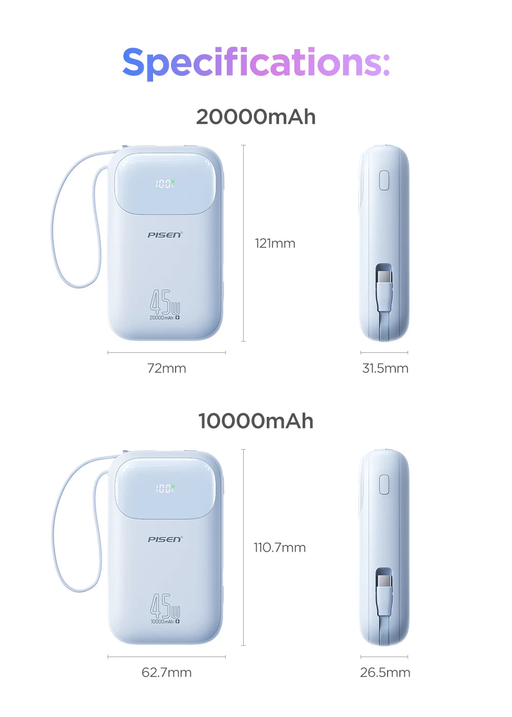 PISEN 45W Fast Charging Power Bank Built-in Dual USB-C Cable 10000mAh/ 20000mAh Mini Portable Powerbank For iPhone 17 Xiaomi