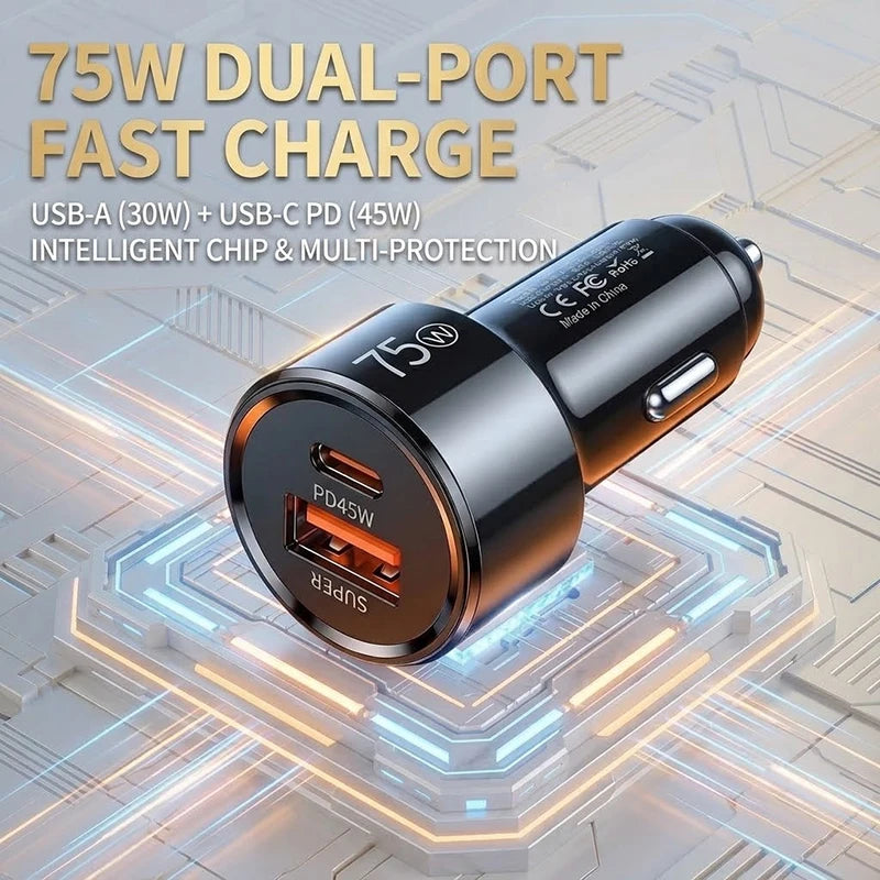 Dual Port 75W Vehicle Charger PD 45W QC 30W Fast Charging Auto Adapter Intelligent Chip Multiple Protections For Cars For iPhone