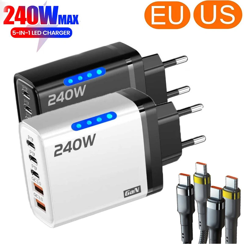 240W GaN Desktop Charger 5 in 1 USB Type-C Charger 120W Type To TypeC Cable Fast Charging Wall Charger For IPhone Xiaomi