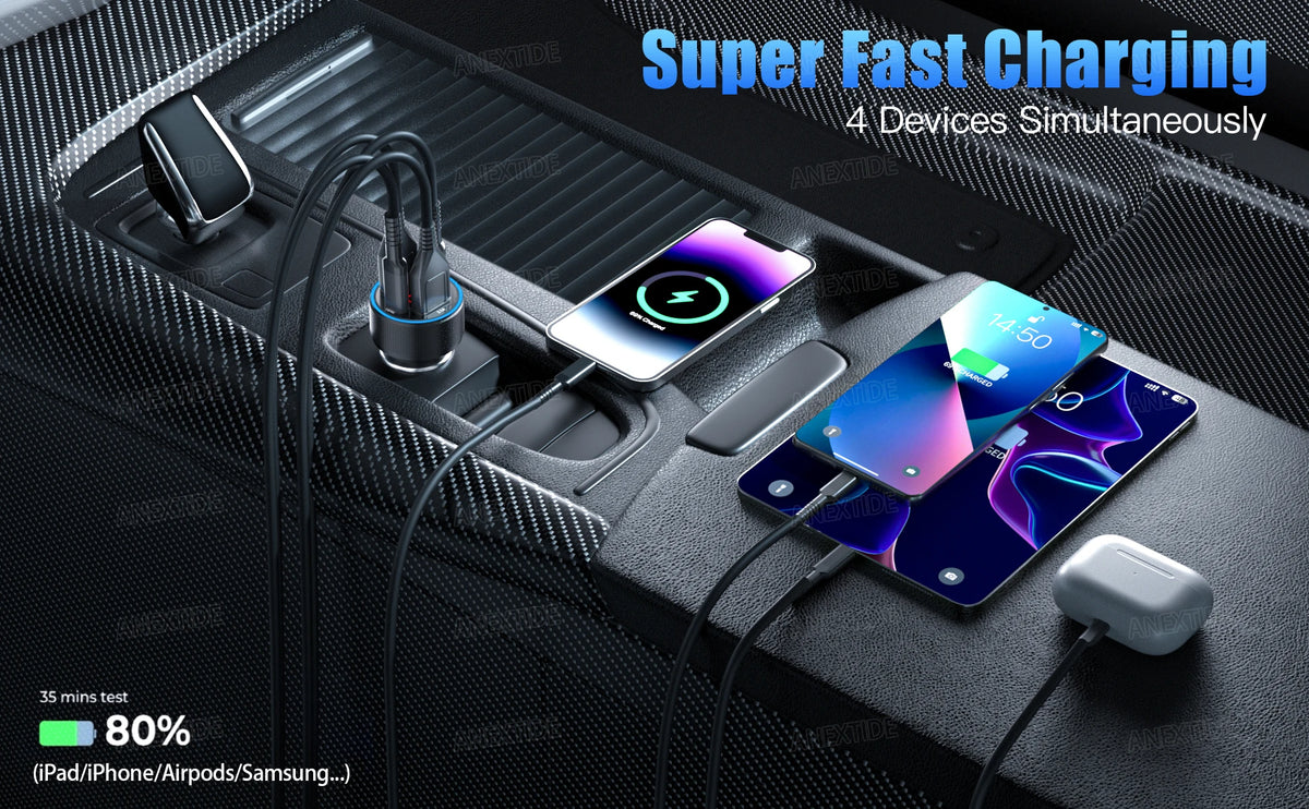 4 Port 126W Metal USB C Car Charger with Voltmeter, 2 USB-C & 2 USB-A Fast Charging Cigarette Lighter Adapter for iPhone Samsung