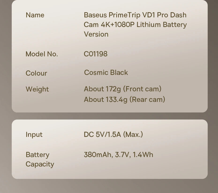 Baseus VD1 Pro 4K+1080P Dash Cam UHD Car Camera for SONY Sensor ADAS 5Ghz WiFi6 GPS STARVIS Night Vision 24H Parking Car DVR