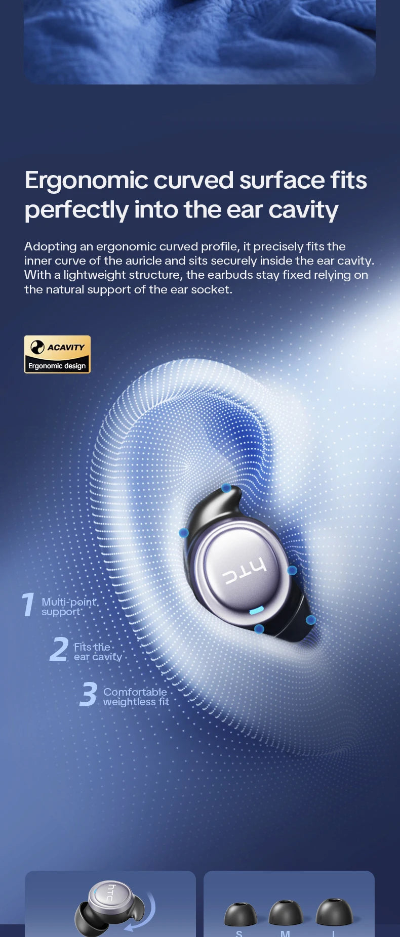 HTC NE96 Bluetooth 6.0 Wireless Earbuds Noise Cancelling Sleep Headphones 30H Battery Life Premium Acoustic Tuning Ultra-light