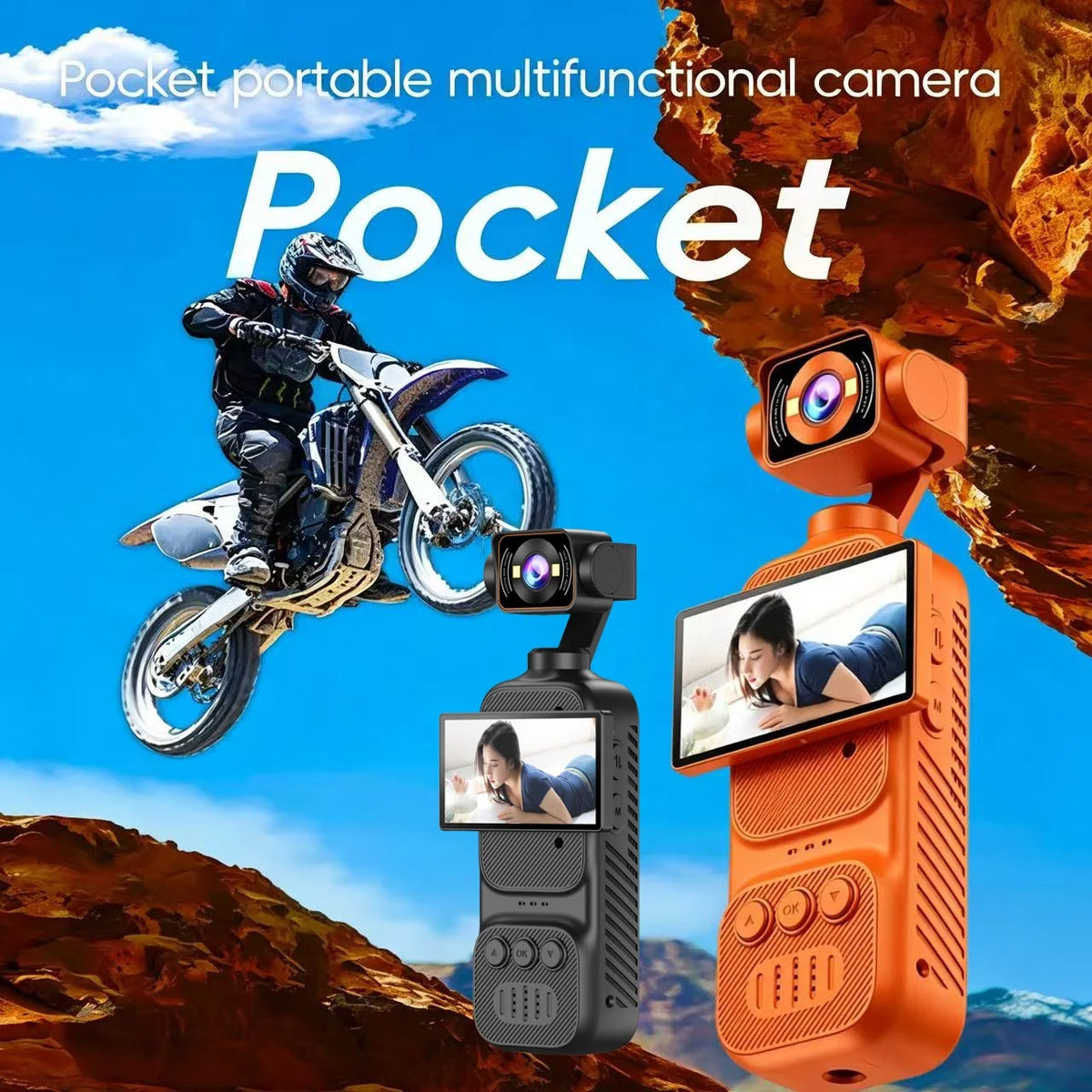 2K Handheld Gimbal Stabilizer for Pocket Action Cameras, USB-C Fast Charging, Portable Smooth Stabilized Footage