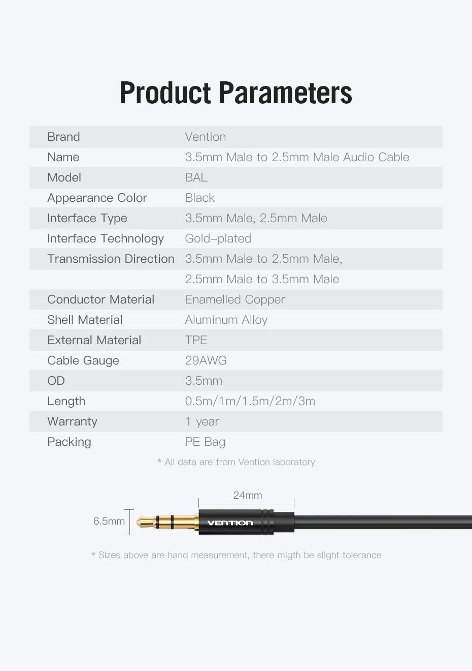 Vention Aux Cable 2.5mm to 3.5mm Audio Cable Jack 3.5 to 2.5 Male Aux Cable For Car Smartphone Speaker Headphone Mobile Phone