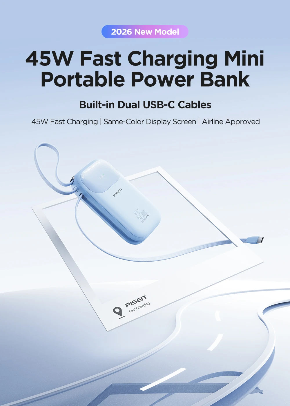 PISEN 45W Fast Charging Power Bank Built-in Dual USB-C Cable 10000mAh/ 20000mAh Mini Portable Powerbank For iPhone 17 Xiaomi