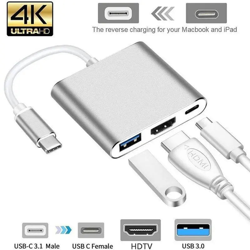 3-in-1 USB C Hub 100W Power Delivery USB 3.0 with 4K HDMI-Compatible for MacBook Chromebook Steam Deck - Stable HUB Adapter