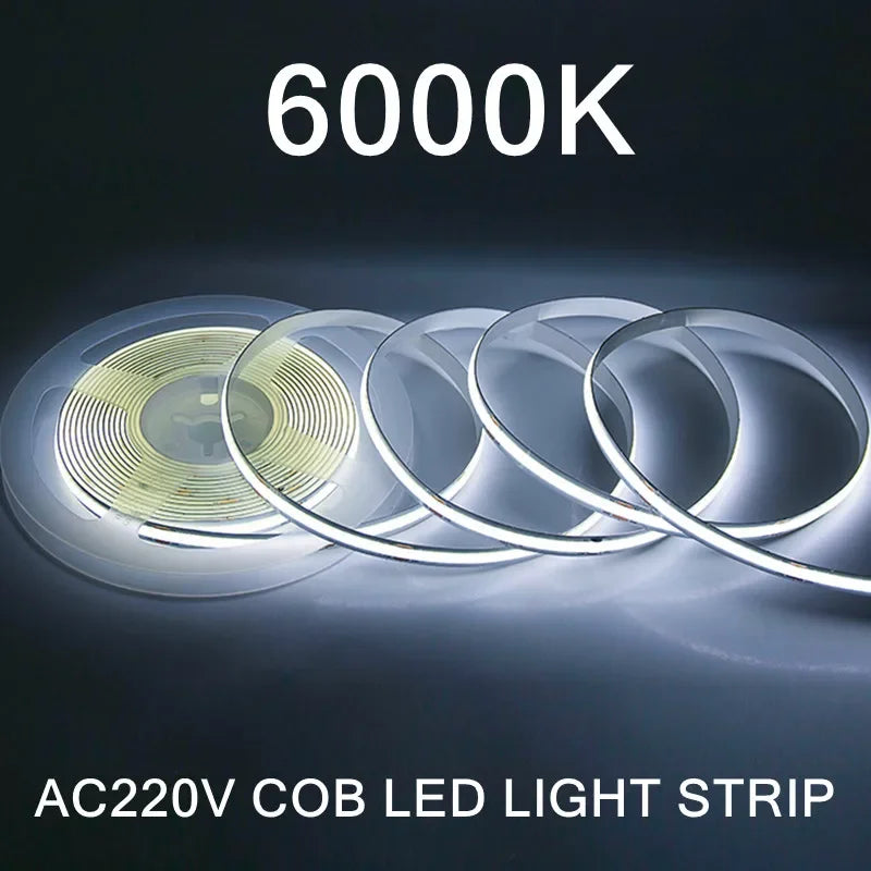 AC220V 240LEDs/M COB LED Strip Light Flexible Tape Lights Smart IC No Need Driver High Bright Linear Lighting RA95 Warm White