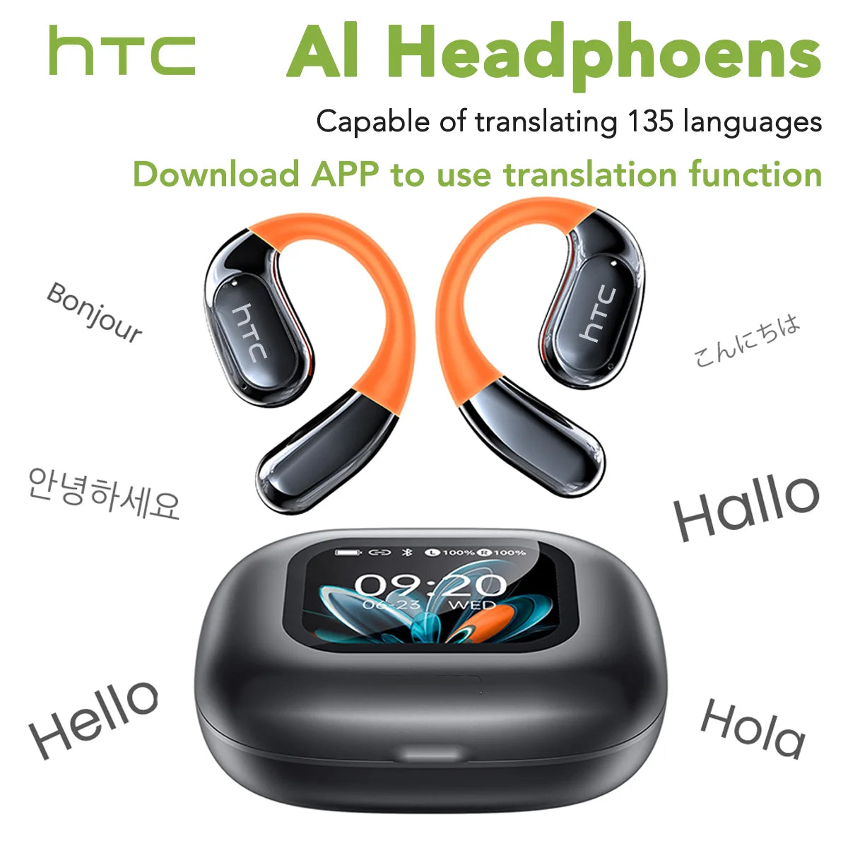 HTC NE27 Bluetooth Earphone AI Translation Earbuds OWS Sport Headphone Touch Screen Ultra Long Battery Life Wireless Headphone