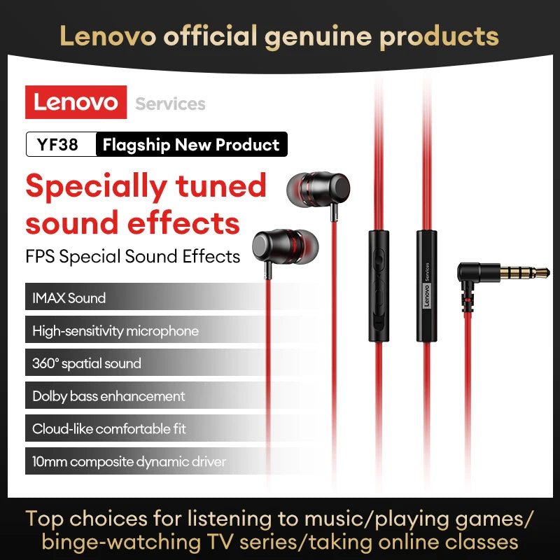 Lenovo YF38 Wired Earphones Type-C/3.5mm Gaming Headphones HiFi-level Dynamic Sound Ultra-low Latency Earbuds W Mic Tangle-Free
