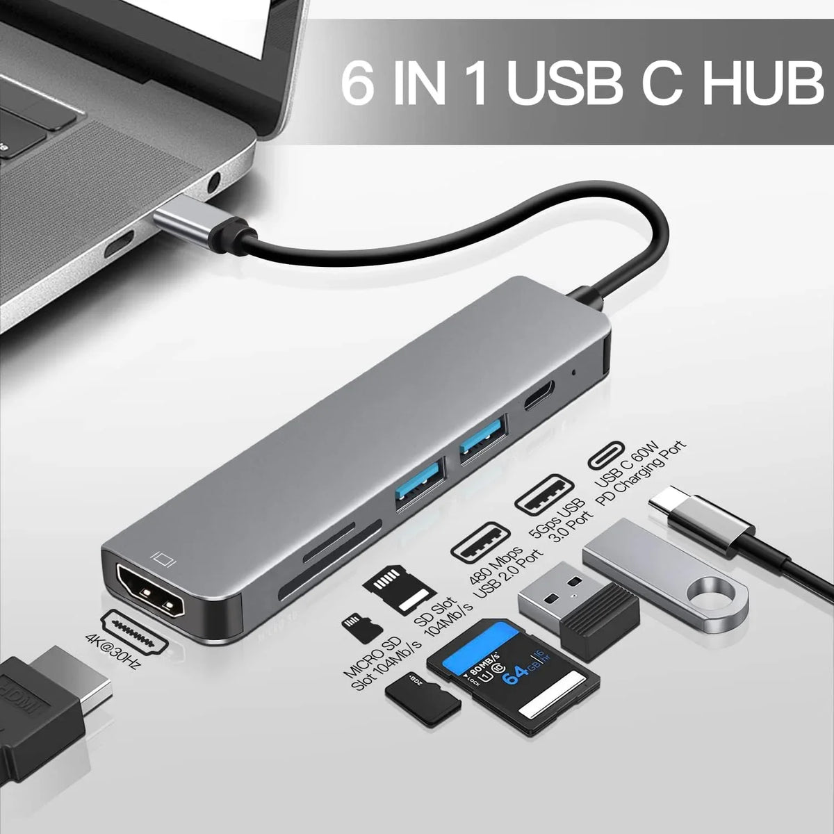 5 Ports USB C Hub to 4K HDMI-Compatible PD Fast Charge USB 3.0 2.0 HUB Type C Charging Docking for MacBook iPad Samsung