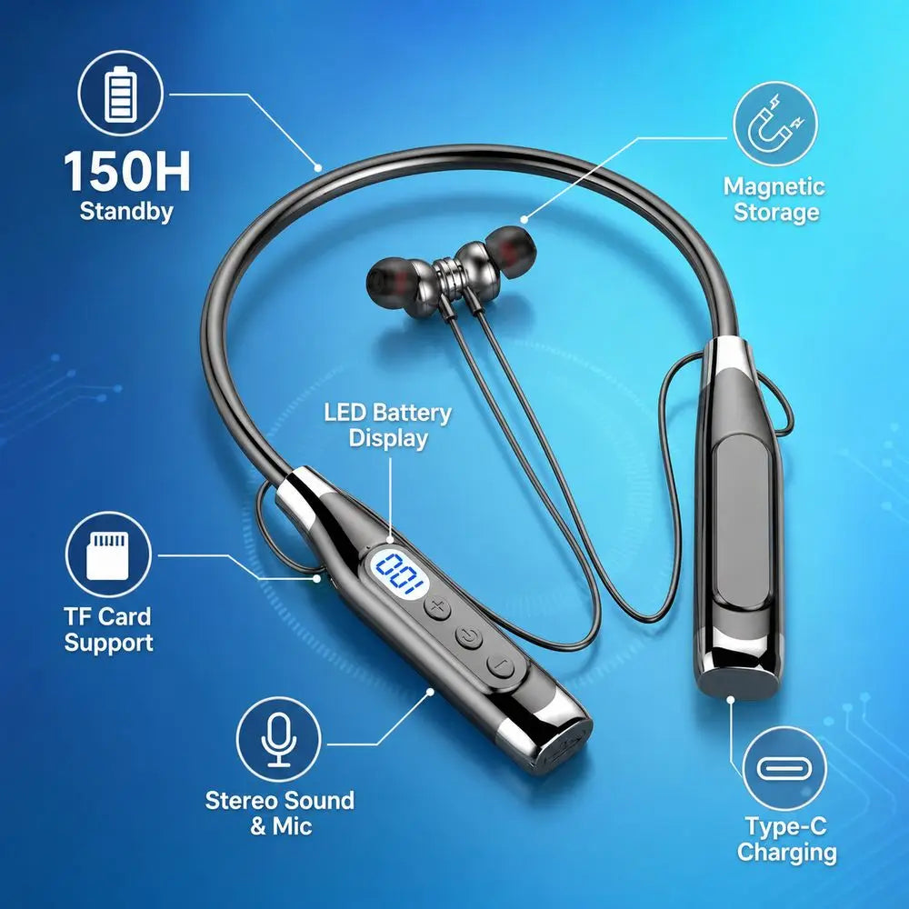 LED Digital Display Wireless Earbuds Neckband Magnetic TF Card Support Earphones Stereo Sound Long Standby