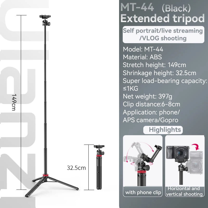 Ulanzi MT-44 1.46M Extend Selfie Stick Tripods Tripod With Phone Clamp For Cameras Cellphone Samsung iPhone Huawei Xiaomi Stand
