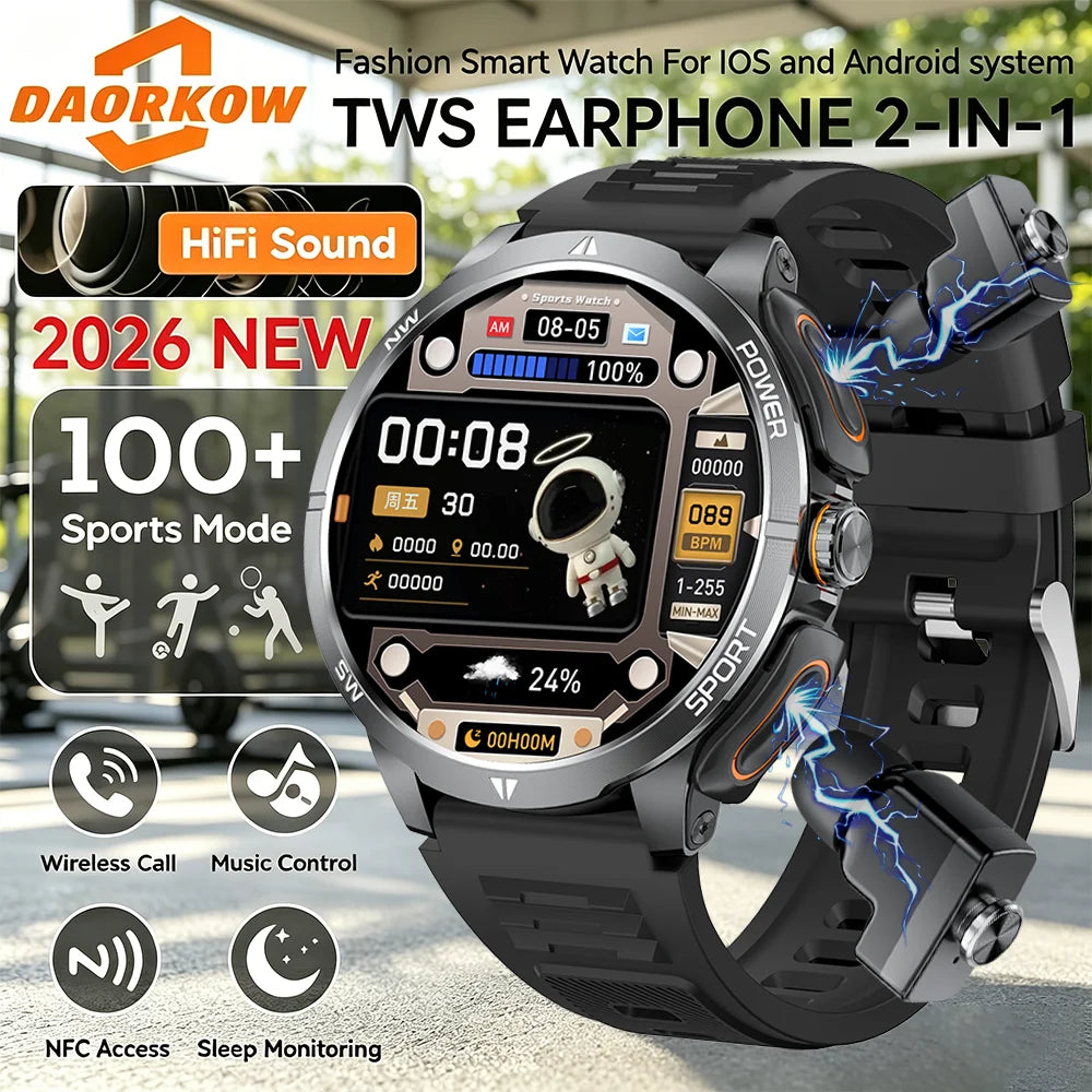 TWS 2-in-1 Smart Watch with Headphones Sports Play Music Bluetooth Headset Call Men Health Monitor NFC Women Smartwatch Earbuds