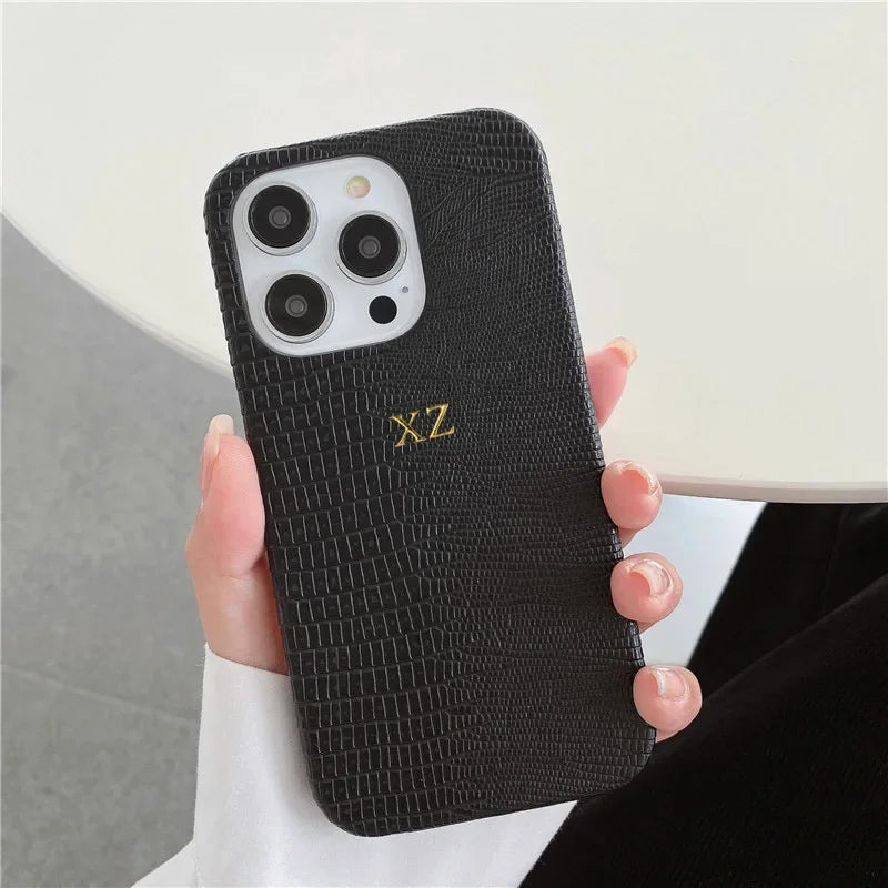 Personalise Gold Silver Initials Letters Leather Case For Iphone 15 12 14 13 16 17Pro Max 14 16 Plus Luxury Lizard PU Hard Cover