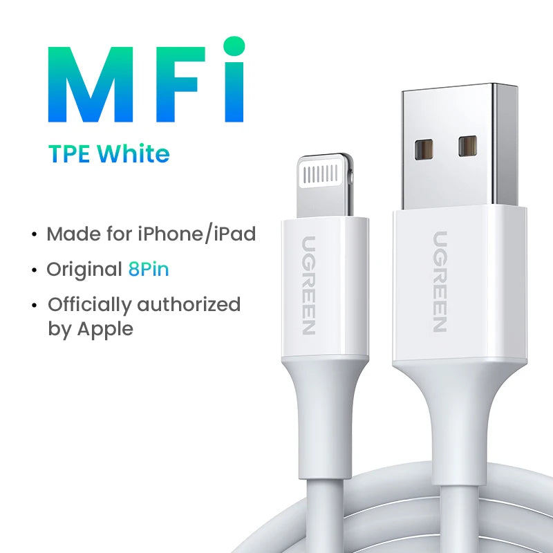 UGREEN MFi For USB Lightning Cable Charger For APPLE iPad iPhone 14 13 11 8 12W Fast charging data Braided short long Carplay 2m