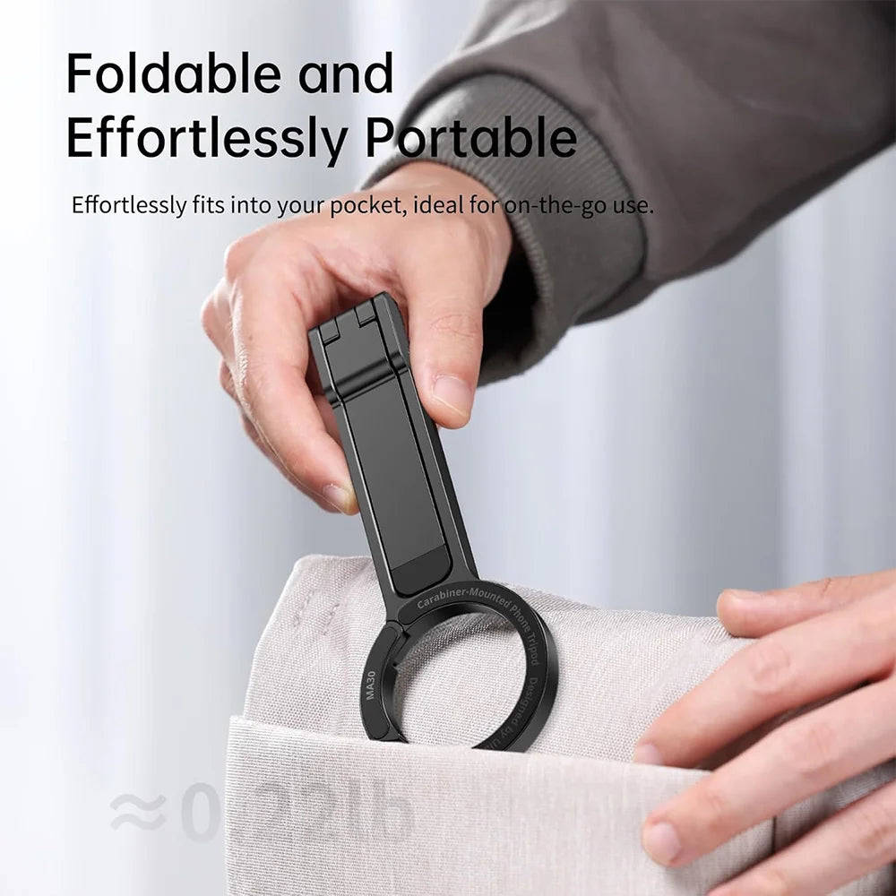 Alloy Magnetic Phone Tripod Foldable Portable Stand Carabiner-Mounted Desk Support with 3 Magnetic Rings for iPhone 14 15 Xiaomi