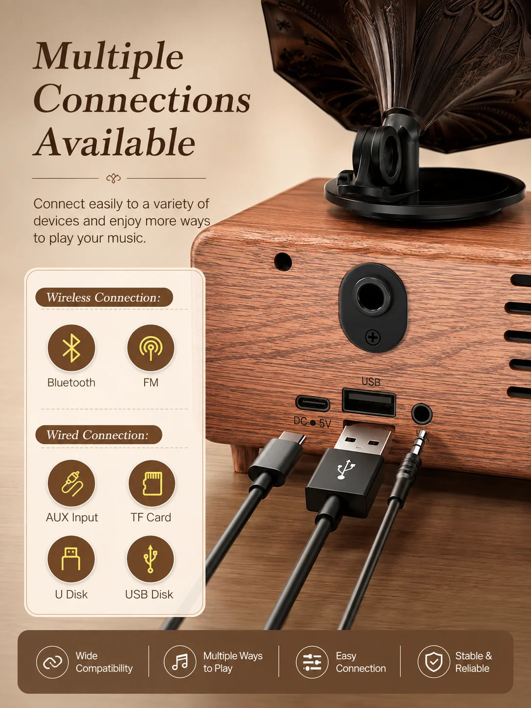 Retro Bluetooth Speaker,FM Radio Vintage Speaker Bass with USB TF AUX Player | Old Fashion Classic Style for Home, Office, Gift