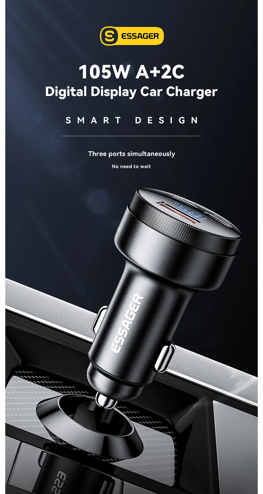 Essager USB C Car Charger 105W Quick Charge PD3.0 QC4.0 3.0 SCP PPS USB Type C Fast Charging For iPhone 15 14 13 Samsung Xiaomi