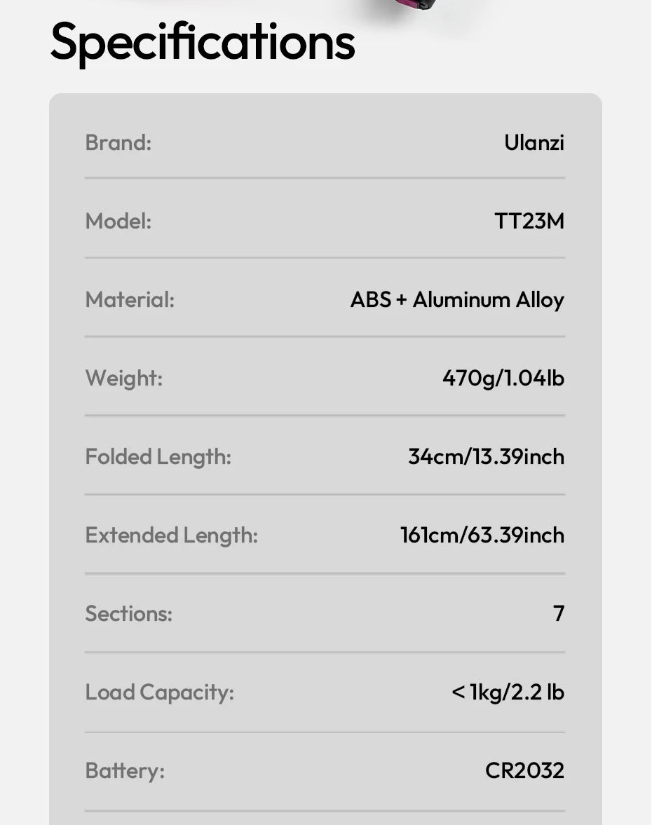 Ulanzi TT23M Magnetic Auto-Tracking Selfie Stick Tripod Smart Face Tracking Selfie Stick Ground Tripod for Outdoor Travel Vlog
