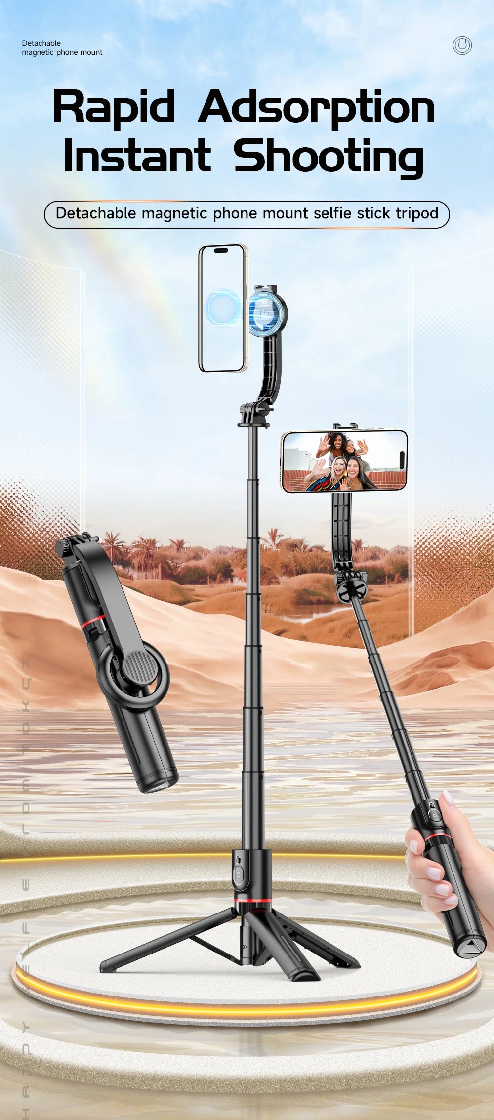 Wireless Selfie Stick Tripod Stand with Magnetic Bluetooth Remote Extendable Tripod for Apple iPhone Live Streaming Video Record