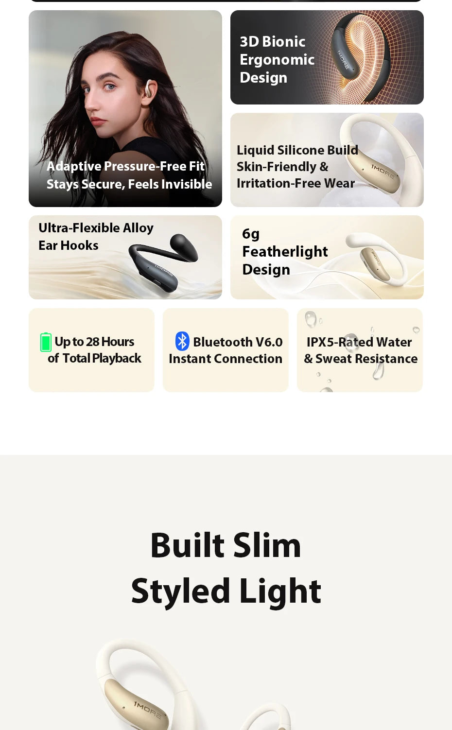 1MORE S11 Open-Ear Wireless Earphones Ultra-Thin Design Ear-Hook Earbuds Bluetooth V6.0 IPX5 28H Playtime