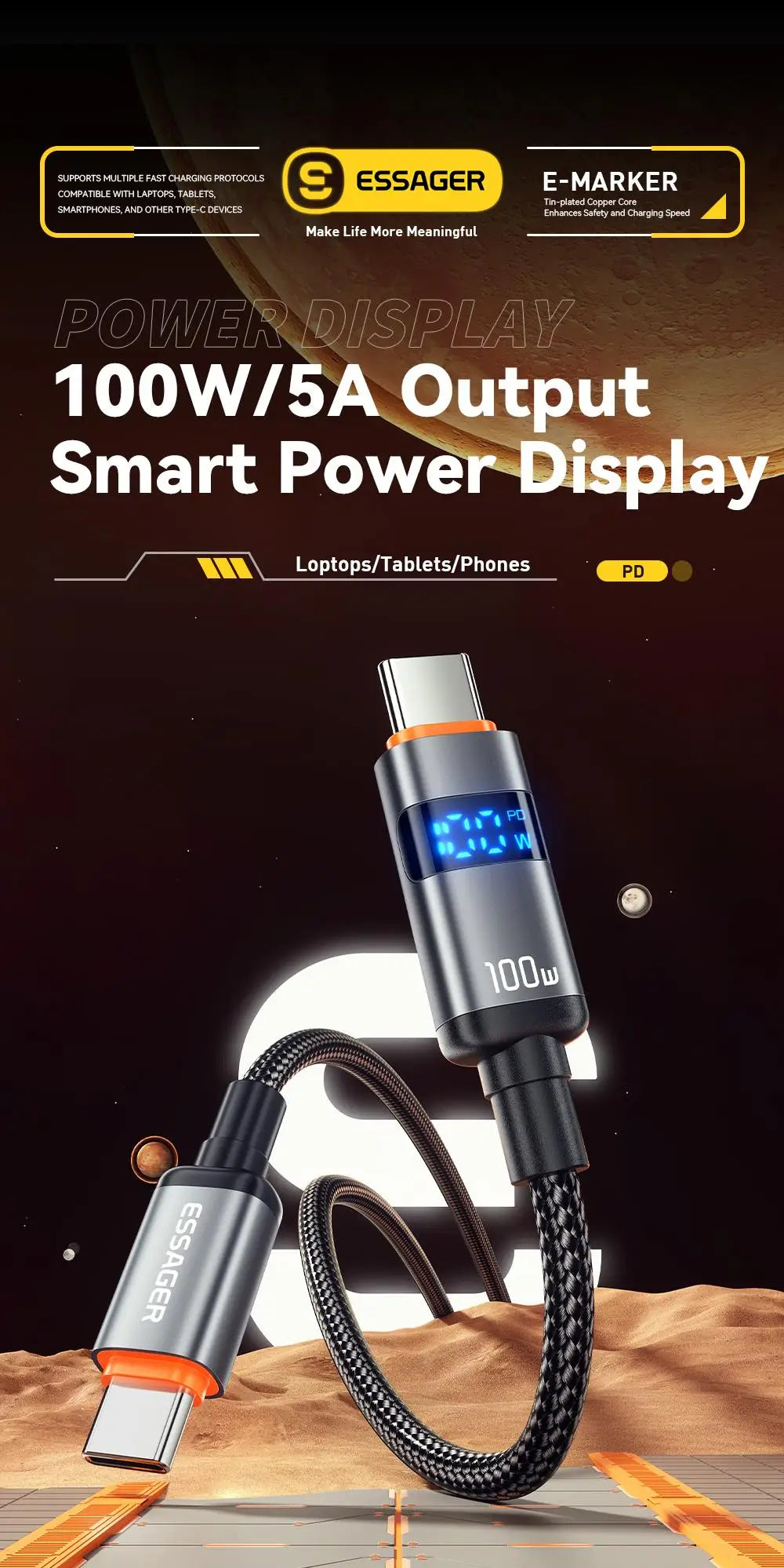 Essager 100W USB C to Type C Digital Display Cable Fast Charging 5A Type C to Type C Cable For MacBook Pro Xiaomi Huawei Samsung