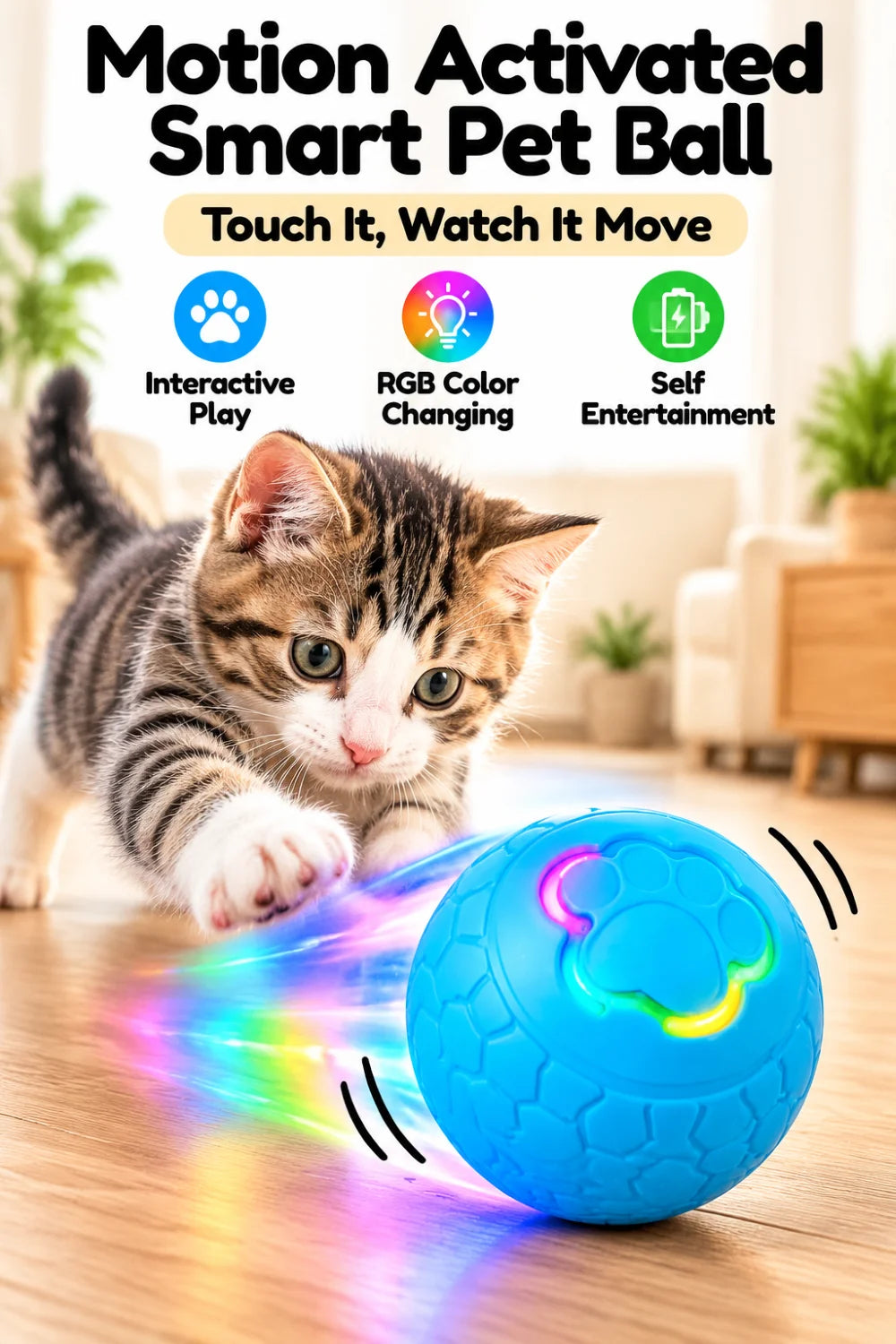 Interactive Smart Pet Toy Ball Motion Activated Hunting Toy Automatic Rolling Color Changing Self Entertainment Cat Small Dog