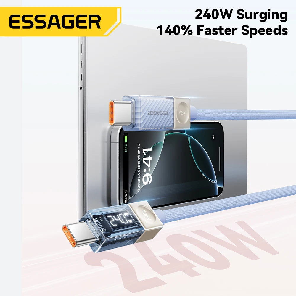 Essager 240W USB C Cable for iPhone 18 17 16 Plus Pro Max Macbook iPad Supercharge Fast Charger Type C Cable for Xiaomi Samsung