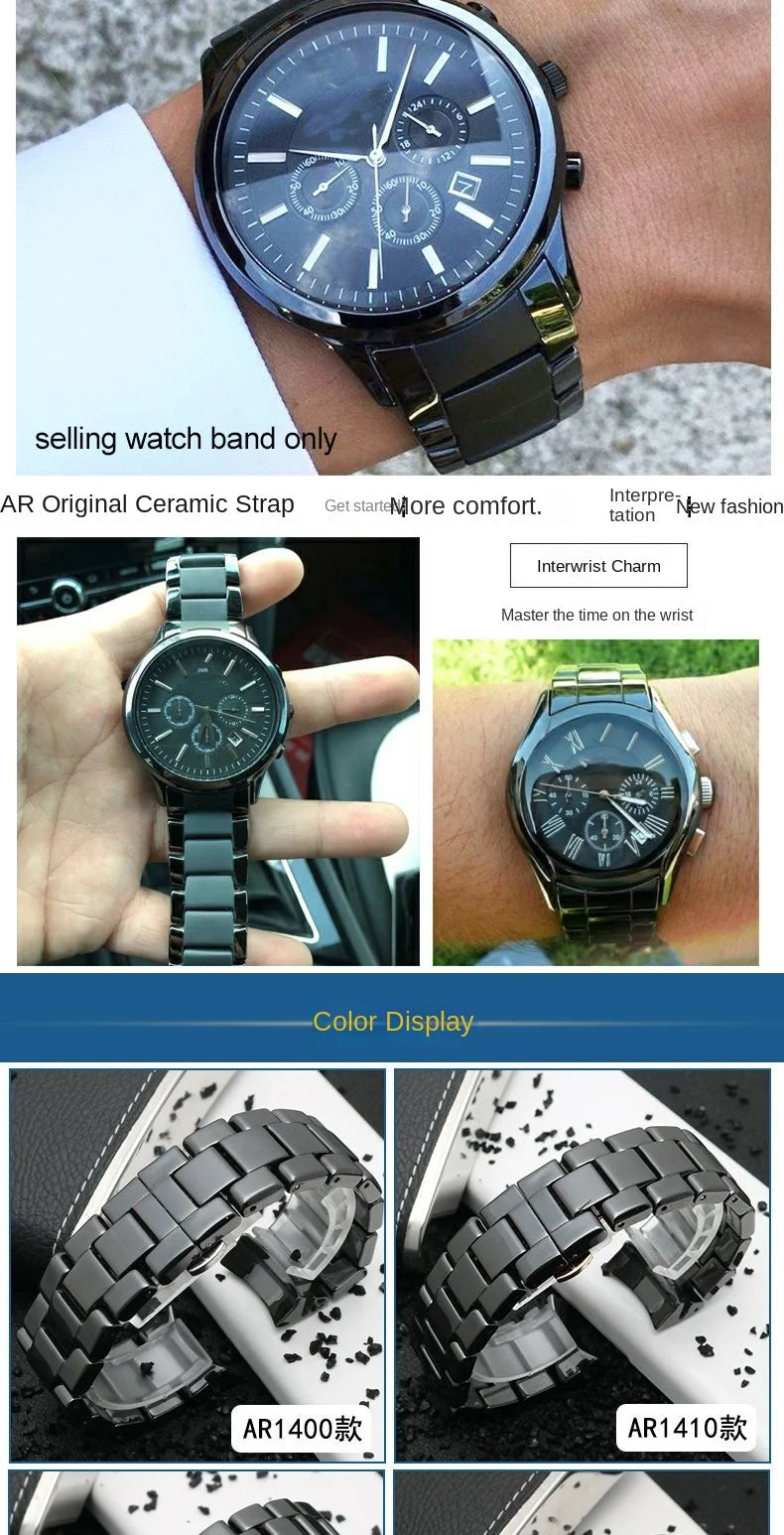 High quality Ceramic case watchband for Armani watch AR1451 AR1452 AR1400 AR1410 AR1421 AR1440 Men's black strap accessories