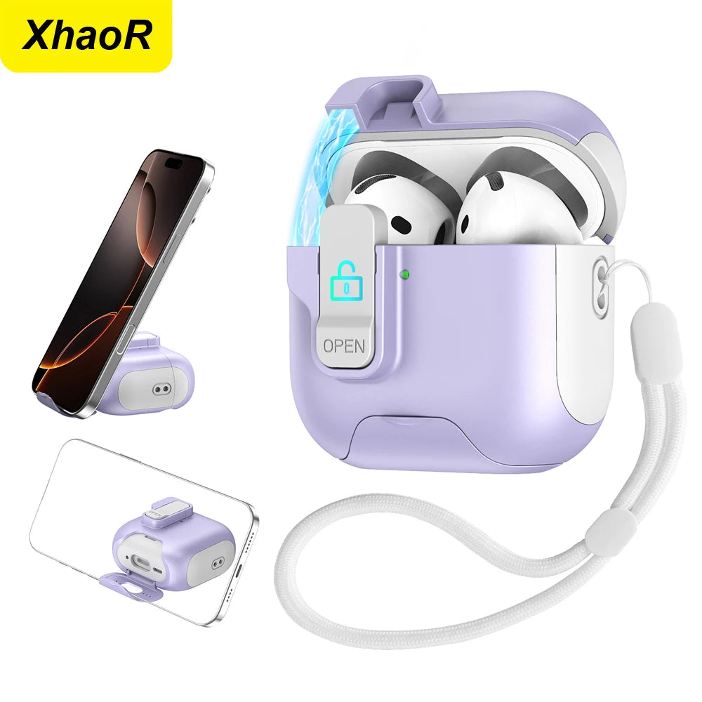 Magnet Security Lock Cover for Airpods 4 ANC Case With Lanyard Full Body Protection Shockproof Charging Cases For Airpods Pro 2