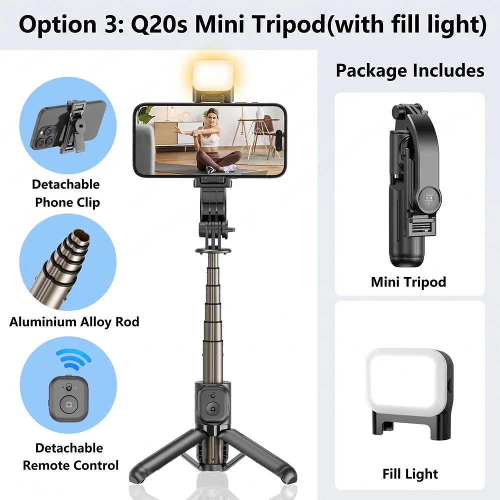 TOKQI Mini Selfie Stick Tripod with 3 Color Fill Light Detachable Holder 360 Rotation Bluetooth Remote for Vlog Live Streaming
