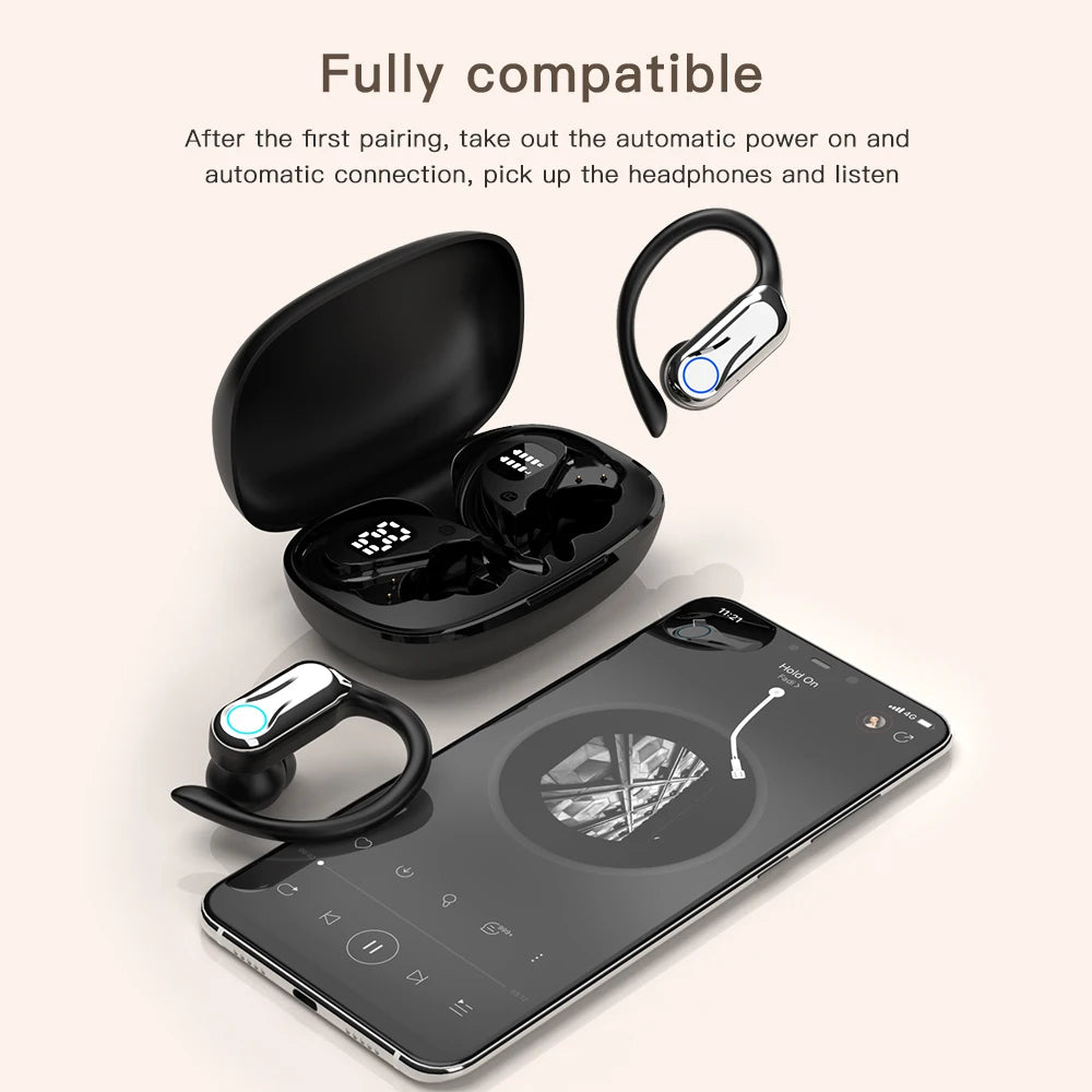 TWS Bluetooth Earphones With Microphones Sport Ear Hook LED Display Wireless Headphones HiFi Stereo Earbuds Waterproof Headsets