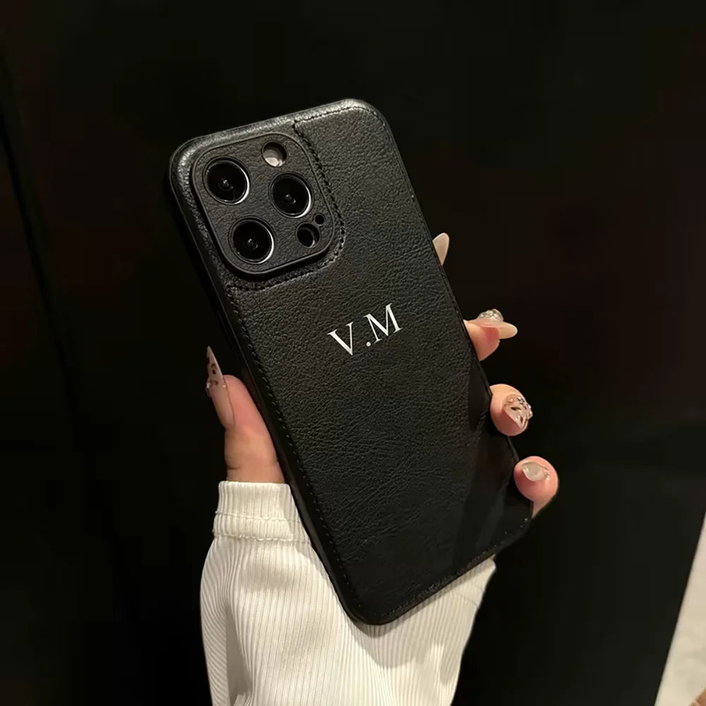 Personalized Customized Silver Hot Stamping Name Faux Leather Classic Business Phone Case For iPhone 17 16 15 14 13 Pro Max Plus