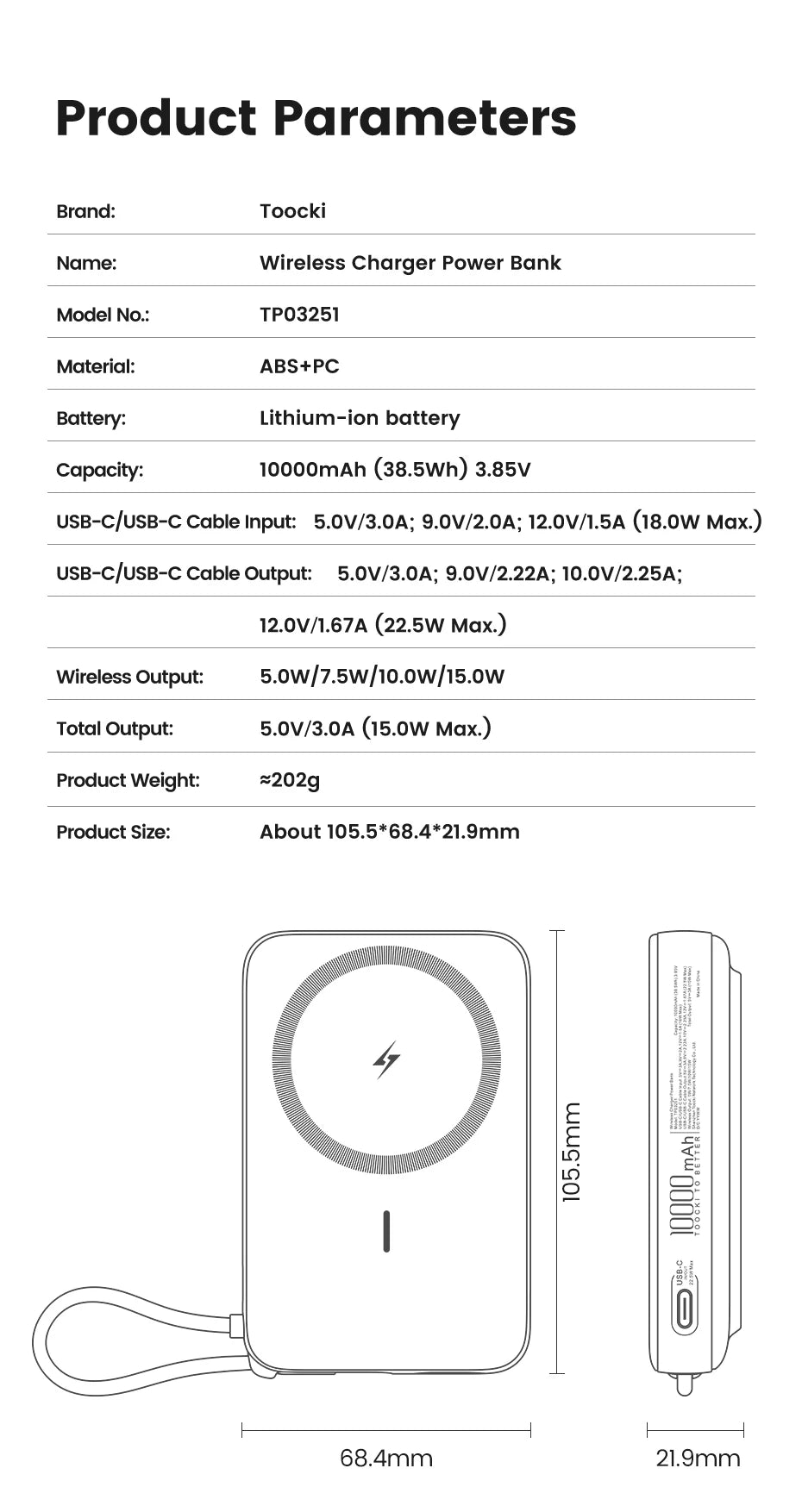 Toocki PowerBank 10000mAh Magnetic Wirelss 15W USB C PD 22.5W Fast Charge for iPhone 16 15 14 13 Portable Power Bank for Magsafe
