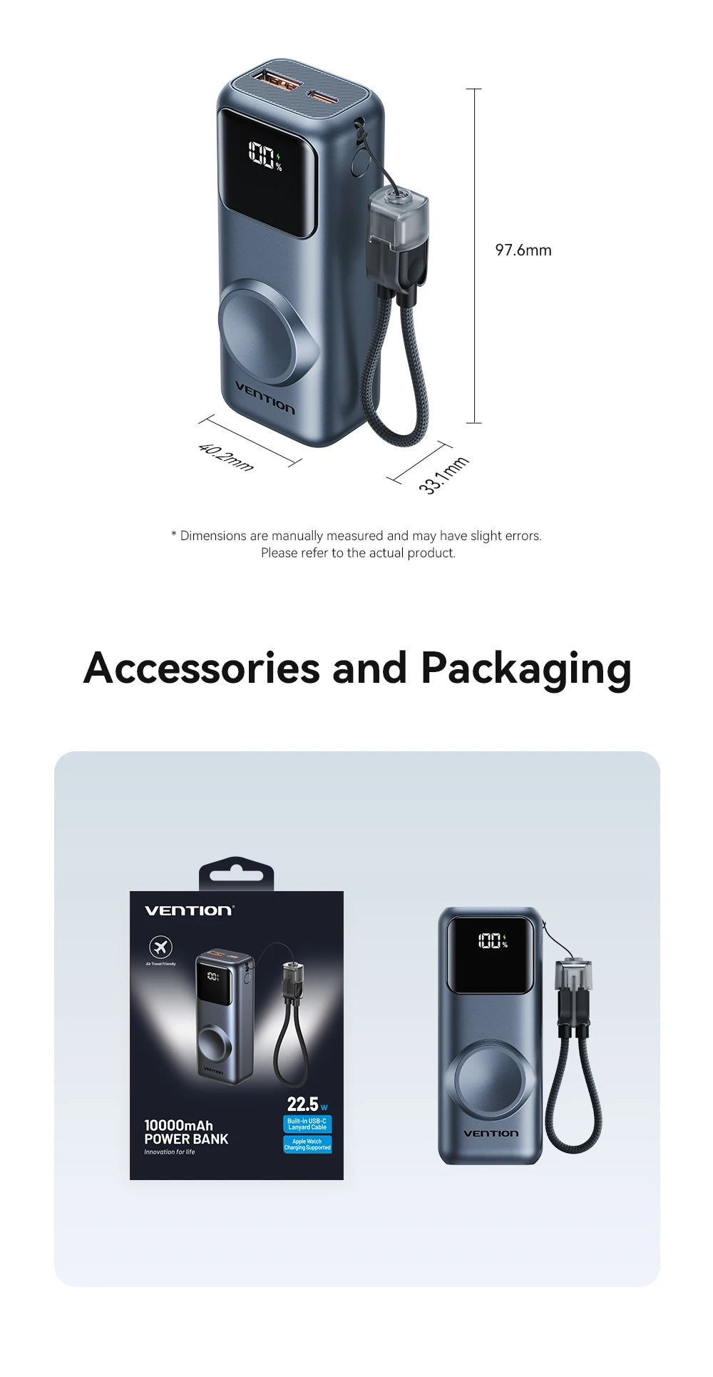 Vention 10000mAh Mini Power Bank 22.5W Fast Charging for iPhone 18 17 Magnetic Wireless Charger for Apple Watch Series 12 11